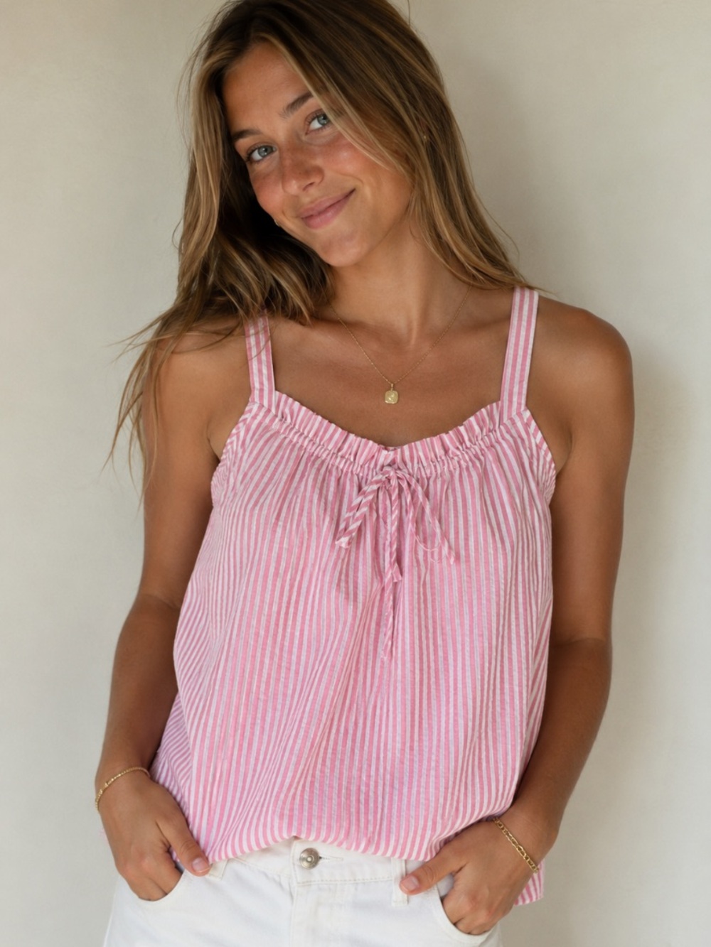 LAKE Pink White Striped Pima Cotton Tie Tank Top XS 8633